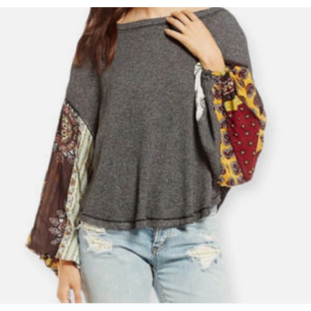 Free People We The Free Blossom Gray Thermal Top Patchwork Balloon Slv Sz M Boho - Picture 6 of 16